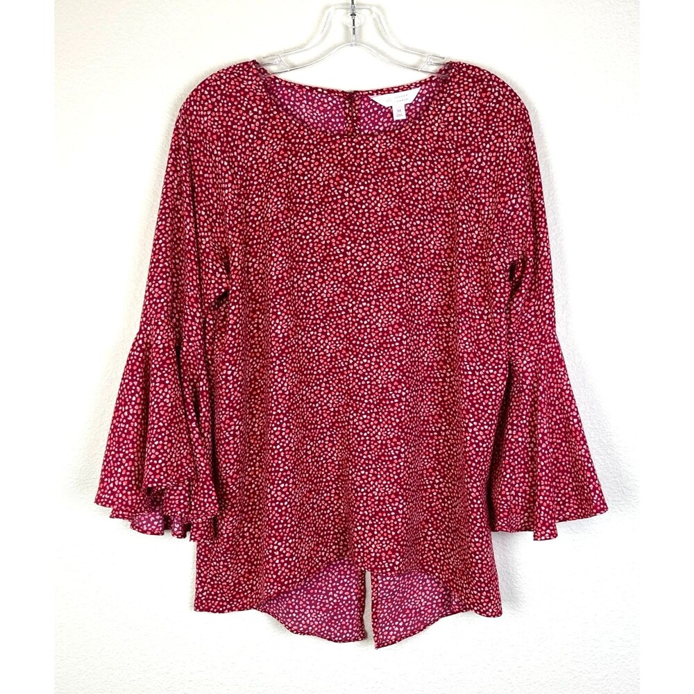 LC Lauren Conrad Women's Bell Sleeve Blouse Size M Red Coral White Office
